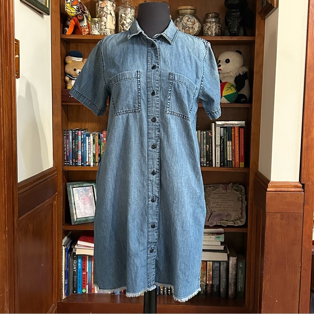 Madewell Chambray Frayed Hem Button Down Shirt Dress - Medium